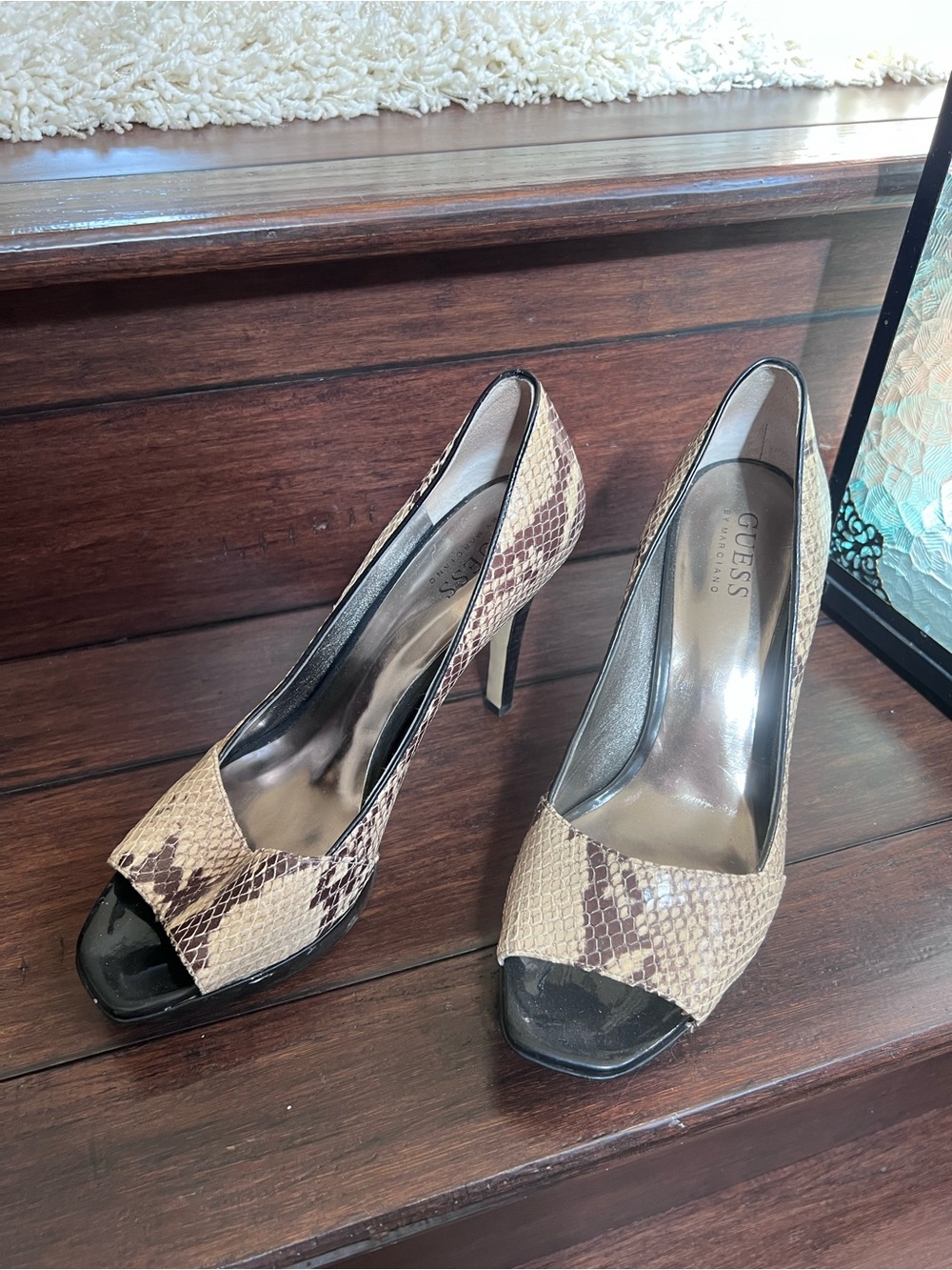 GUESS Beige and Brown Snakeskin Peep-Toe Heels